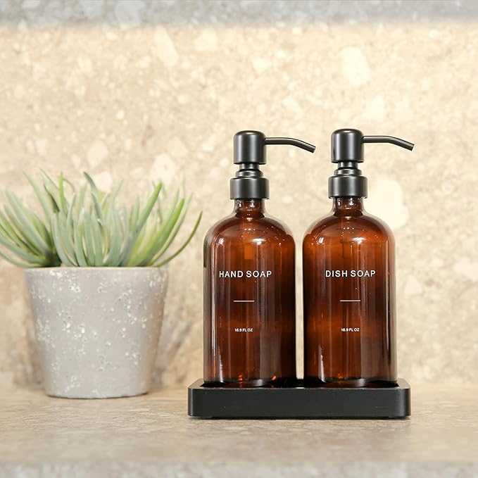 Prus Waso Amber Soap Dispenser Set, Soap Dispenser for Kitchen Sink with Black Stainless Steel Pump, Perfect for Kitchen Accessories Decor. (Amber)