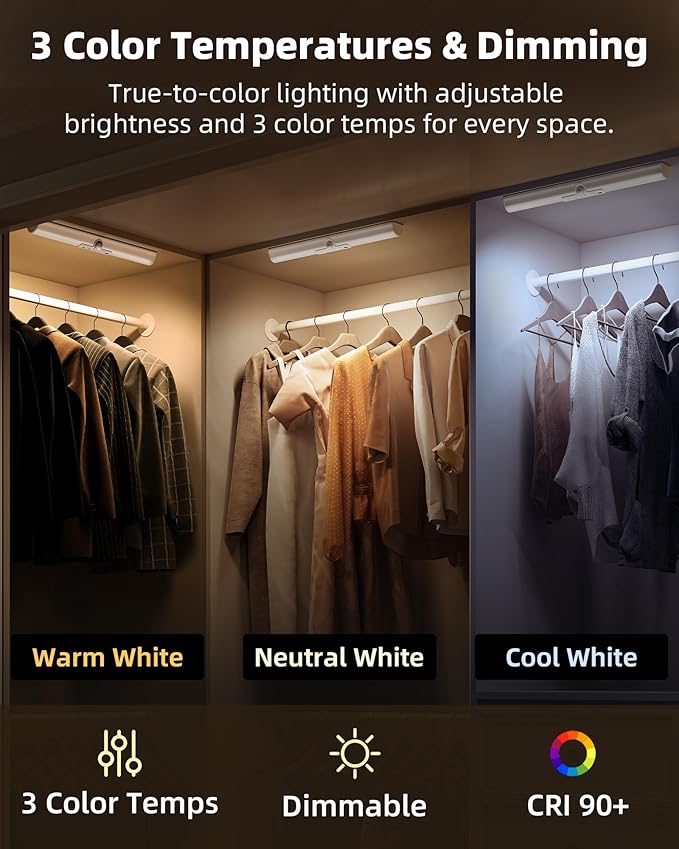EZVALO 13-inch Motion Sensor Closet Lights, 1800mAh Rechargeable Battery Lights with Rotatable Sensor, Glare-Free, 3 Color Temps & Dimmable Cabinet Lights for Closet, Pantry, Wardrobe - 2 Pack