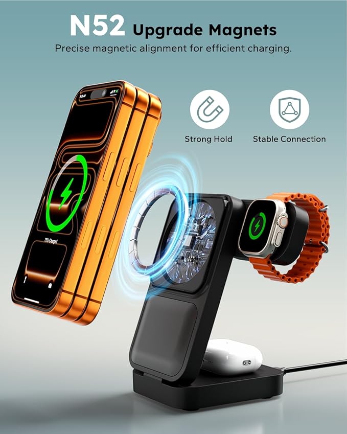 Travel Charging Station 3 in 1 for MagSafe, 15W Ultra Fast Magnetic Wireless Charger Stand for iPhone 17 16 15 Pro Max, Foldable Phone Charging Dock for Apple Watch/AirPods (with 30W Adapter)