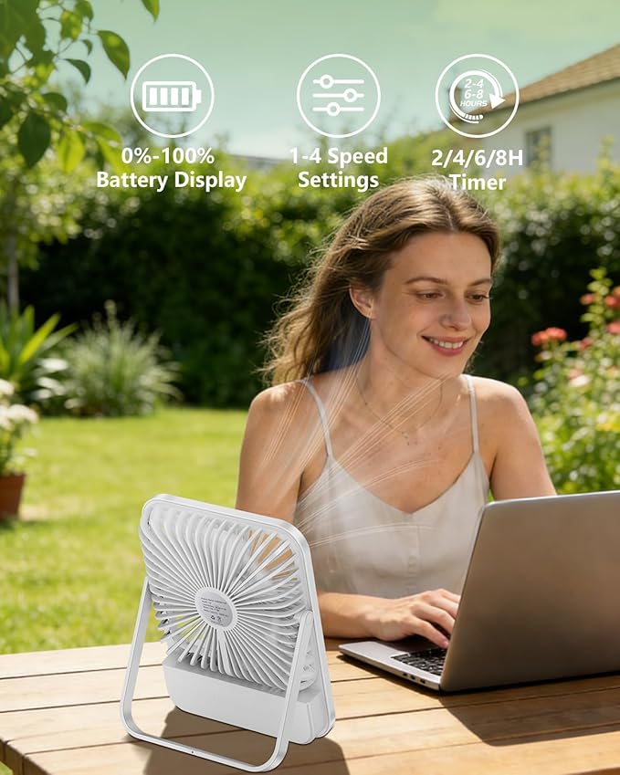 7In Portable Travel Fan, Cruise Ship Approved, 28H 8000mAh Ultra-Thin Quiet Rechargeable Battery Operated Desk Fan with Timer & LED Display for Bedroom, Office, Camping