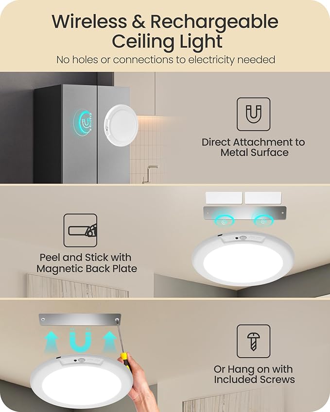 Rechargeable Motion Sensor Ceiling Light with Remote, Wireless Ceiling Light Battery Operated, No Wiring, Magnetic, Dimmable Shower Light, Timer, 3 Color 6000K, Rechargeable Light for Closet Hallway