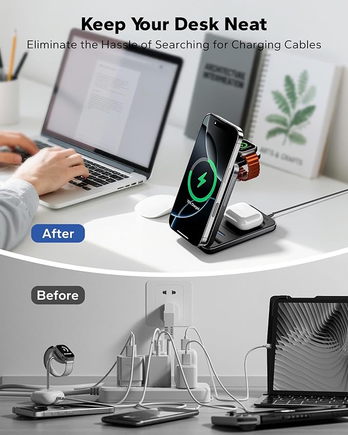 KPON Foldable 3in1 Charging Station for Magsafe, Travel Phone and Watch Charger for Apple, PD20W Wireless Charging Dock for Multiple Devices iPhone 17 16 15 14 13 12 Series/Apple Watch/Airpods
