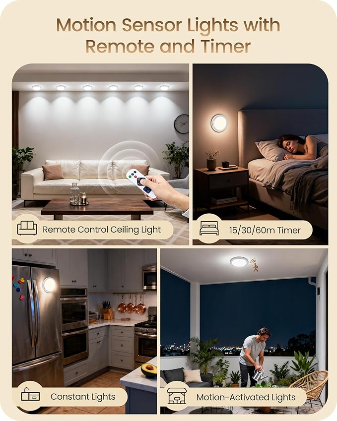 Rechargeable Motion Sensor Ceiling Light with Remote, Wireless Ceiling Light Battery Operated, No Wiring, Magnetic, Dimmable Shower Light, Timer, 3 Color 6000K, Rechargeable Light for Closet Hallway