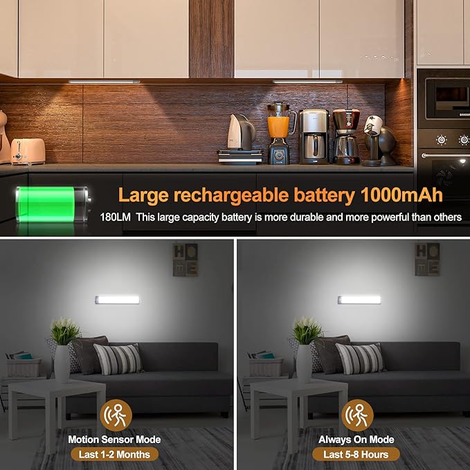 2 Pack Rechargeable Under Cabinet Lighting with Motion Sensor - 30 LED 10 Inch, Wireless USB-C Magnetic for Kitchen, Wardrobe Closet Lighting