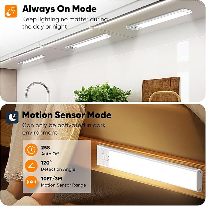 10 Inch Under Cabinet Lights, 2200mAh Rechargeable Battery Operated Motion Sensor Lights Indoor, Wireless Dimmable Closet Lights, 3 Color Under Counter Magnetic Night Lights for Kitchen, Stair, 3-Pack