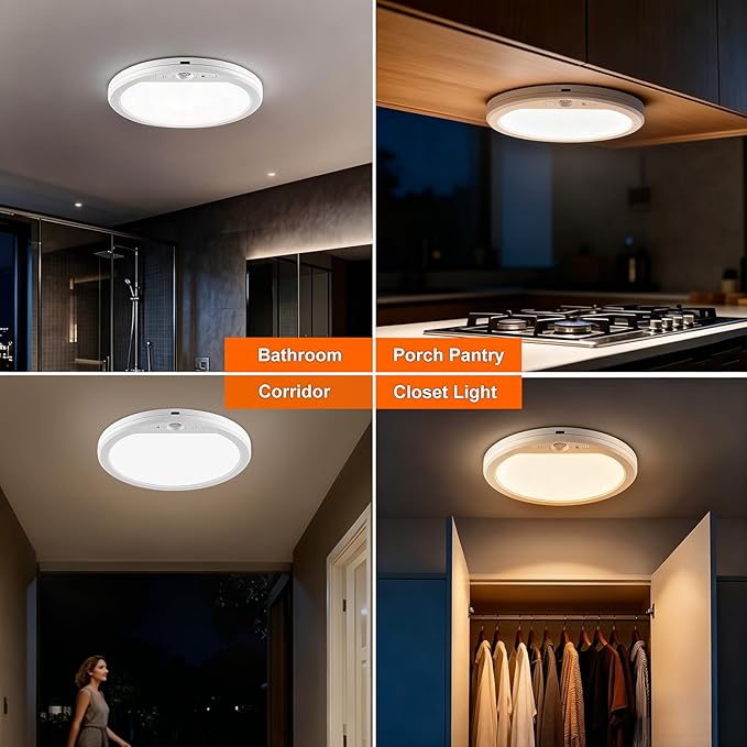 Rechargeable Ceiling Light Wireless Motion Sensor Closet Light Indoor with Remote Magnetic Ceiling Lights Battery Operated for Shower Stairs Shed Hallway Garage Pantry Porch