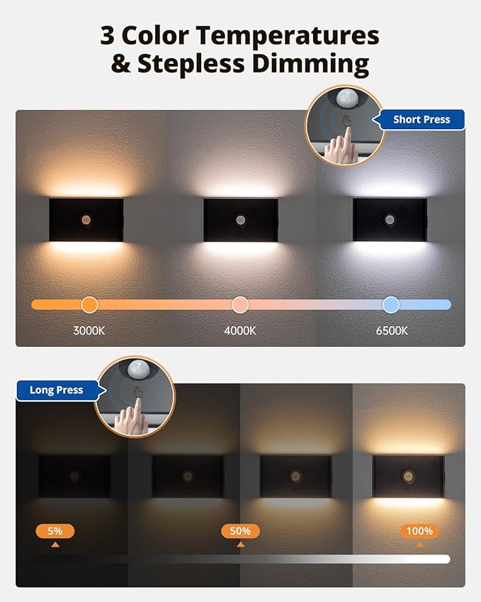 wowatt 3CCT Rechargeable Stair Lights Indoor, Black Stairway Lights Indoor with Magnetic Mount, Dimmable Stair Lights Motion Sensor for Stairway, Hallway, Kitchen, Bathroom(8 Packs)