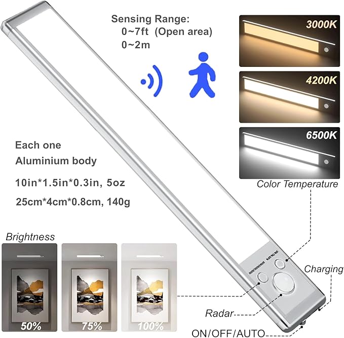 LUCK AROUND 6 Pack Under Cabinet Lighting, Motion Sensor Light, 10-Inch Rechargeable LED, Battery Powered White