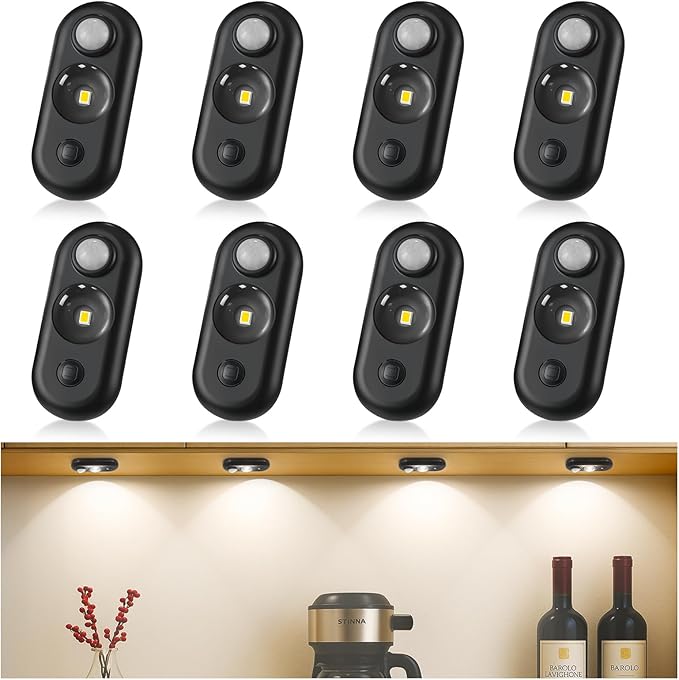LED Motion Sensor Puck Lights, Small Rechargeable Under Cabinet Light, Dimmable Daylight White Closet Lights, Wireless Under Cabinet Lighting for Drawer, Kitchen (8 Pack)