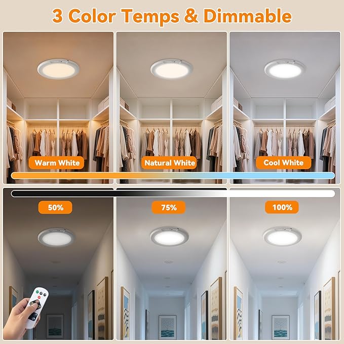 KYEKIO Rechargeable Ceiling Light 2Pack, 3 Color Magnetic Motion Sensor Lights with Remote, Wireless Dimmable Closet Light Battery Operated, LED Lights for Shower Pantry Shed Hallway Porch Stairs