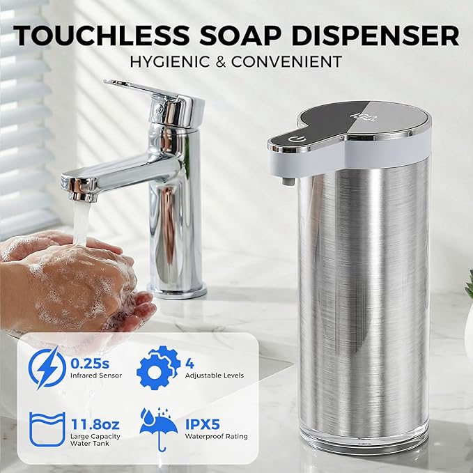 Automatic Liquid Soap Dispenser Touchless, Stainless Steel Hand Soap Dispenser, USB Rechargeable, 4 Adjustable Levels, 11.8oz/350ml for Kitchen and Bathroom (Stainless Steel White, Liquid)