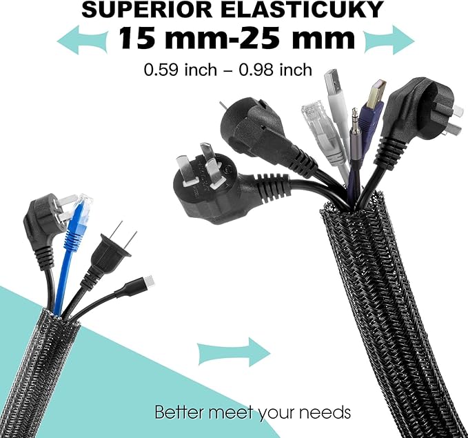 AGPTEK Cable Sleeve, 20ft - 1 inch Desk Cable Management Desk Cord Cover Organizer Wire Hider for Home Office Computer TV Wire Loom Tubing Pet Proof Cord Protector from Cat Dog Chewing, Black