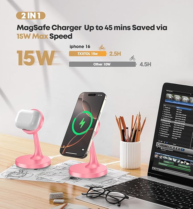 TXXTOL Magnetic Wireless Charger iPhone Stand, 15W Fast Mag-Safe Charger iPhone 17/17 Air/17 Pro/17 Pro Max 16/15/14/13/12 Series Magnet Wireless Charging Station/Pad/AirPods for Home, Office, Travel