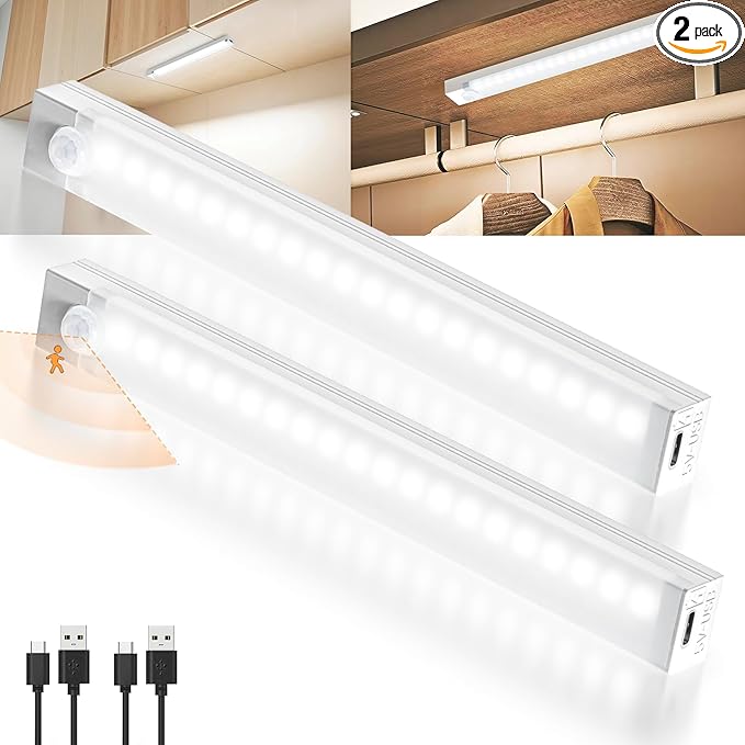DWEPTU Rechargeable Motion Sensor Light Indoor, 12” LED Under Cabinet Lighting with 3 Modes & Memory Dimming, Stick On Lights for Closet, Kitchen, Hallways (2 Pack)