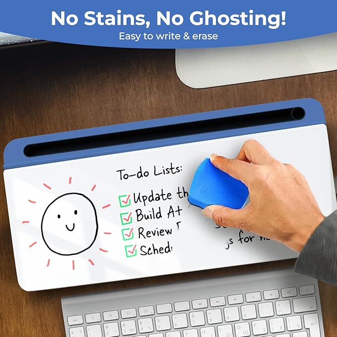 Chalkola Blue Glass Desktop Whiteboard with Storage - Dry Erase Board, Work Desk Organizers, Computer Keyboard Stand, Home Office Desk Accessories, Workspace Desktop Buddy