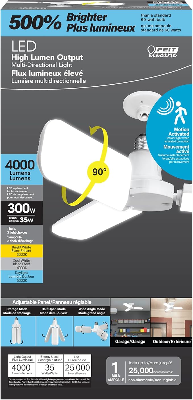Feit Electric LED Garage Light, Multiple Adjustable Panels, E26 Base, Ideal for Garage, Workshop, Shed, 25,000-Hour Lifetime