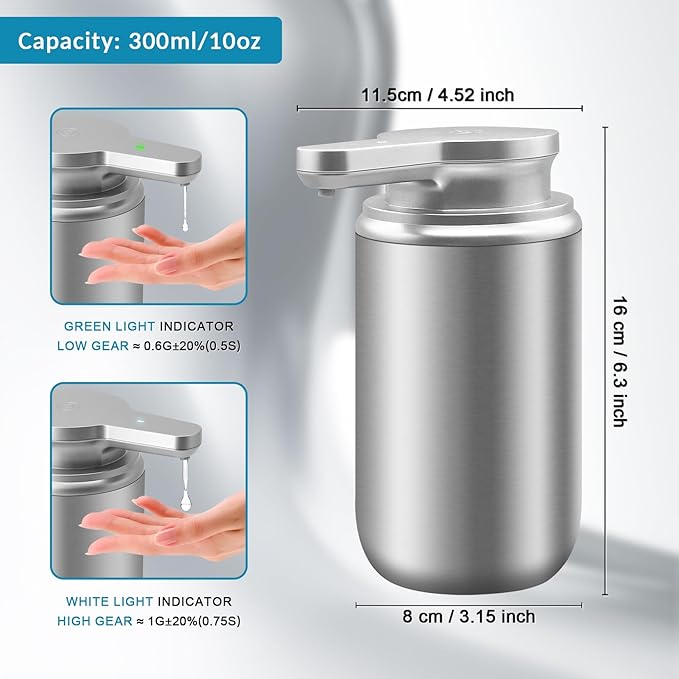 12 oz. Automatic Soap Dispenser Stainless Steel with Sensor Infrared Soap Dispenser Electric IPX5 Waterproof USB-C Charging Motion Sensor for Kitchen & Bathroom (Silver Cyl)