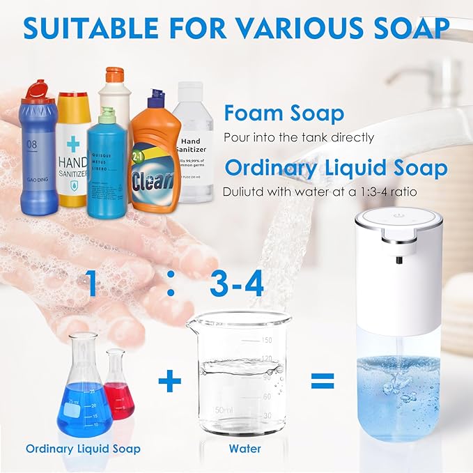 XINKORA Automatic Foaming Soap Dispenser, Touchless Foam Hand Soap Dispenser for Bathroom, 4-Level Adjustable,13.5oz/400ml, Wall Mounted, Rechargeable