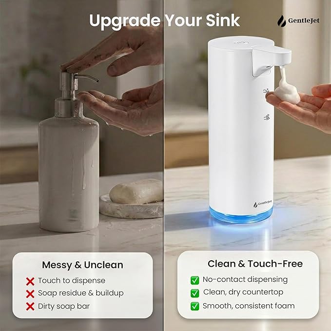 GentleJet EasyFoam Automatic Foaming Soap Dispenser, Touchless USB-C Rechargeable Sensor Pump, 304 Stainless Steel, Adjustable Foam, IPX5 Water-Resistant for Bathroom & Kitchen, 10 fl oz / 300 mL