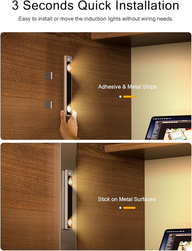 YIGER Under Cabinet Lights, Wireless Motion Sensor Light Indoor,10in LED Warm Lighting Rechargeable Battery Operated,4 Modes Night Light, Stick-On Magnetic Closet Lights for Kitchen, Hallway(2 Pack)