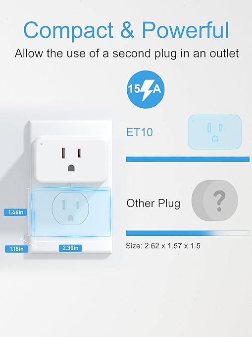 EIGHTREE Smart Plug 15A, Smart Plugs that Compatible with Alexa & Google Home & SmartThings, No Hub Required, WiFi Outlet with Remote Control, Timer & Schedule, 2.4GHz WiFi Only, 2 Packs
