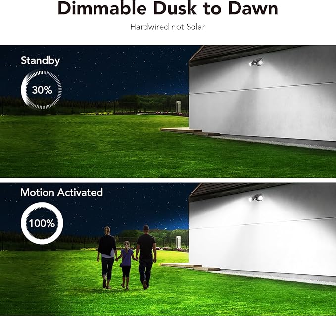 OREiN Motion Sensor Outdoor Security Lights, Dual-Head Adjustable LED Flood Lights, 3 Modes (Motion/Manual/Dusk to Dawn), 150W Equivalent, 5000K, IP65 Waterproof, Hardwired, Black (2 Pack)
