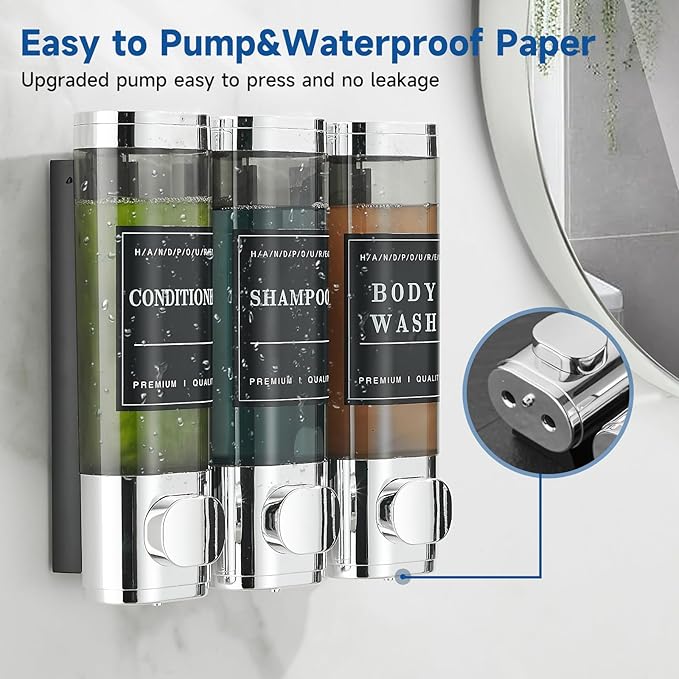 Shampoo and Conditioner Dispenser,Shower Soap Dispenser 3 Chamber No Drill Wall-Mounted Shampoo Dispenser for Shower Wall Mounted Shower Dispenser for Bathroom Hotel Large Capacity,Chrome