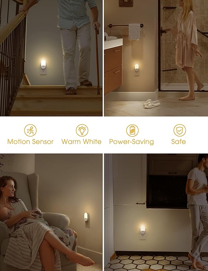 L LOHAS LED Motion Sensor Night Light, Motion Activated Night Light, 4Pack, 3000K Warm White, Night Lights Plug into Wall Motion Sensor, 30/60LM Adjustable Brightness, for Kids Adults Bathroom Kitchen