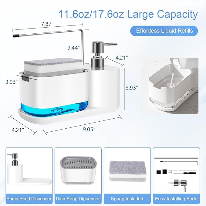 Dish Soap Dispenser Set 4-in-1 Soap Dispenser for Kitchen Sink with Detachable Sponge Included Dish Liquid Dispenser, Bathroom Soap Dispenser, White