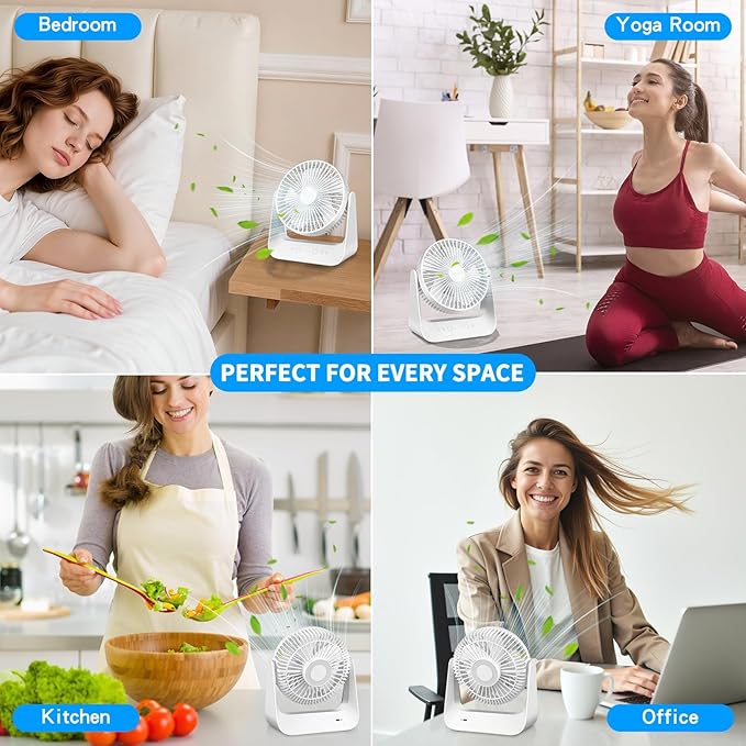 5000mAh Small Desk Fan 6-Inch, Portable Desktop Fan with Intelligent temperature control function,Small Battery Operated USB Fan with Light & Hook for Bedroom, Home, Office, Travel & Cruise