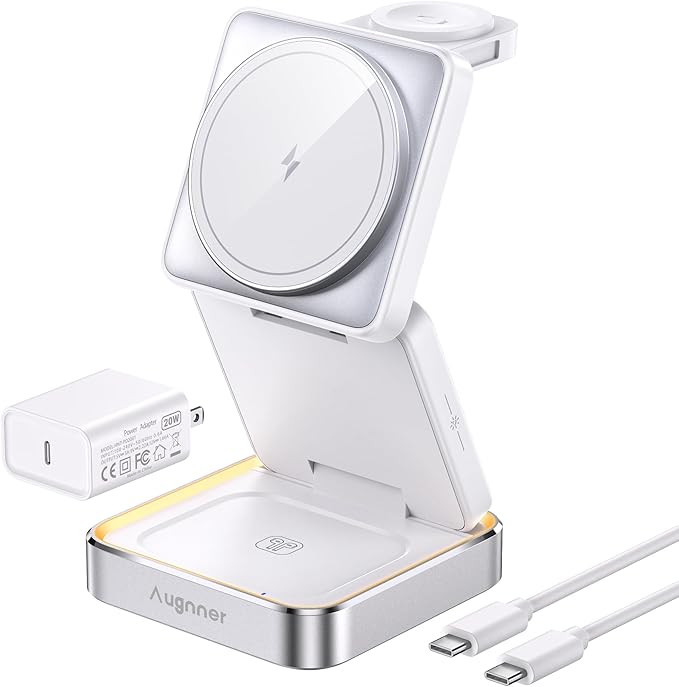 【2026 Upgraded】Wireless Charger 3 in 1, Foldable Wireless Charging Station with Light for Apple Magnetic Charger, Travel Magnetic Charger for iPhone 17/16/15/14/13/12 Apple Watch AirPods (20W Adapter)