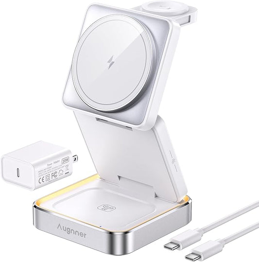 【2026 Upgraded】Wireless Charger 3 in 1, Foldable Wireless Charging Station with Light for Apple Magnetic Charger, Travel Magnetic Charger for iPhone 17/16/15/14/13/12 Apple Watch AirPods (20W Adapter)