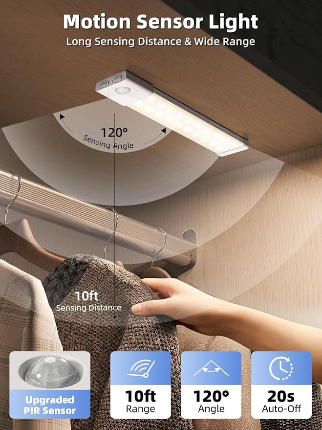 EZVALO Under Cabinet Lighting with Charging Station, 8 inch Motion Sensor Light Indoor, 1100mAh Rechargeable LED Light, 3 Color Temperatures, Dimmable Counter Lights for Kitchen, Closet, Stair (3Pack)
