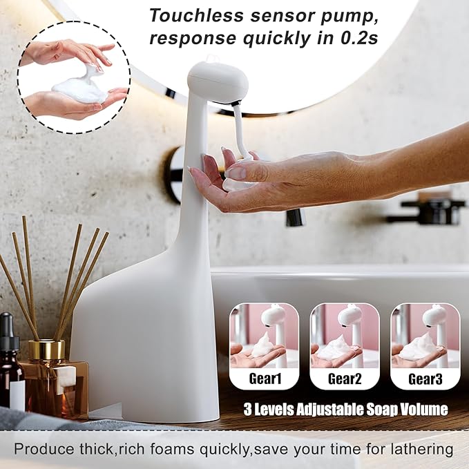 Automatic Foaming Soap Dispenser,10oz/300ml Touchless Smart Dispenser,Rechargeable Electric with 3-Level Adjustable Foam,IPX5 Waterproof for Bathroom Kitchen,White