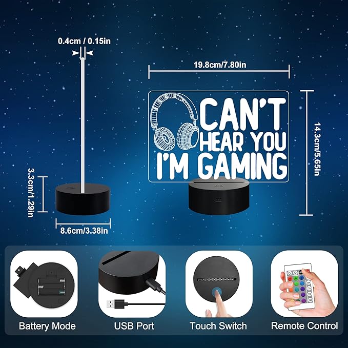 YuanDian Can't Hear You I'm Gaming Night Light, Headset Graphic Video Games Gamer Gift Funny 3D Illusion Lamp 16 Colors Changing Touch & Remote Control for Men Gamers Teenagers and Kids