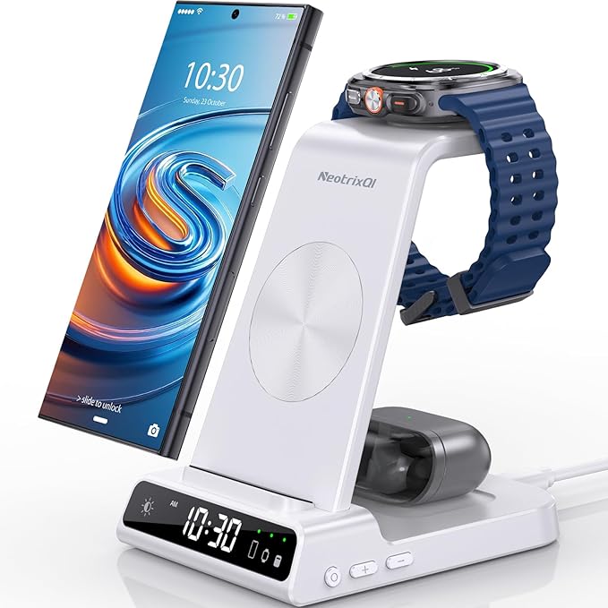 Wireless Charger for Samsung Charging Station: 3 in 1 Android Charging Stand with Dimmable Clock - Nightstand Organizer for Galaxy S25 Ultra, Galaxy Watch 8 7 6 5 4, Galaxy Buds (Not for iWatch)