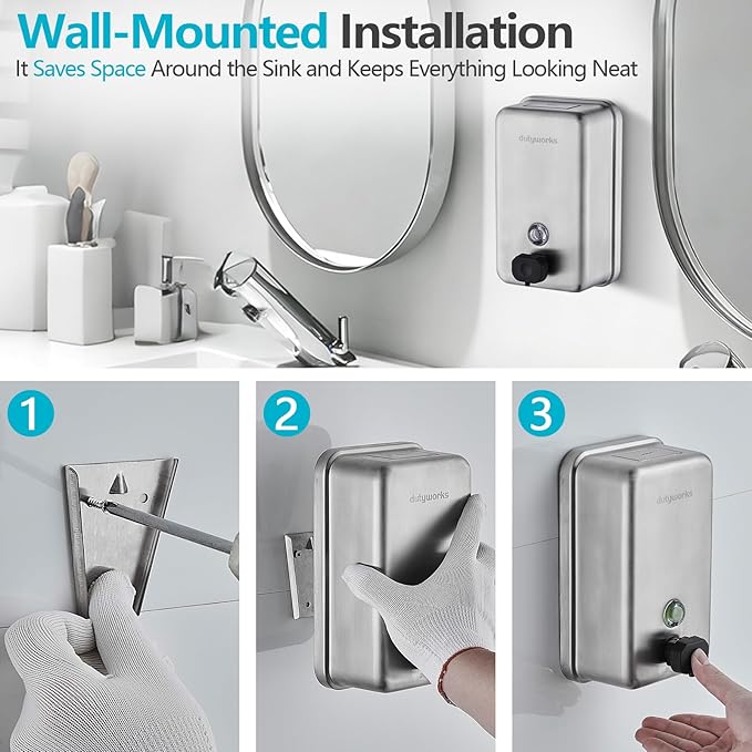 Commercial Wall Mounted Soap Dispenser, 1100ML - Stainless Steel, Easy Wall Mount Installation, Anti-Leak Pump, Corrosion Resistant, Ideal for Commercial, Household, Office Use(37.19 fl.oz.)