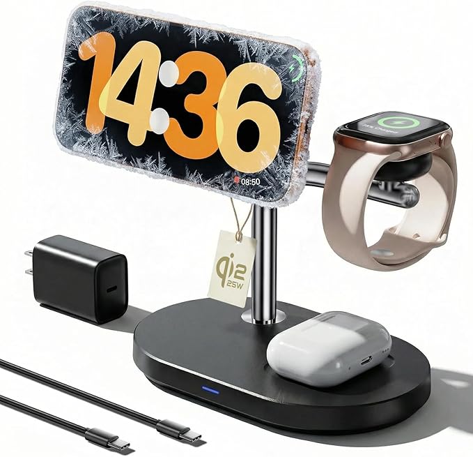 Qi2.2 25W 3 in 1 Wireless Charging Station with TEC Active Cooling Mag-Safe Charger Stand,Magnetic Wireless Charger for iPhone 17-8,Galaxy S26/S25/S24,Apple/Samsung Watch,Pods/Buds(45W Included)