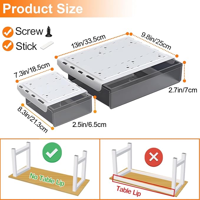 SVNNELP Under Desk Table Drawer Storage Organizer,2 Pack Large & Small Attachment Desk Drawers - Hidden Desktop Organizer,Slide out Drawer for Storage Pencil & Home Office Gadgets (S+L)