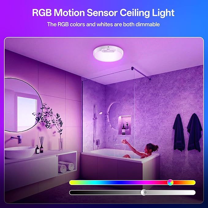 Homelist 2 Pack Rechargeable RGB Shower Light with Remote, Battery Operated Ceiling Light No Wiring - 10 Colors Changing for Shower Bathroom, Bedroom, Livingroom