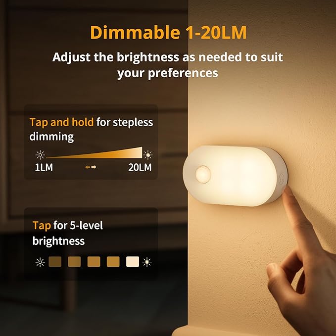 Lyridz Rechargeable Battery Night Light with Motion Sensor, Portable Mini Warm White LED Stick-on Closet Light, Adjustable Brightness for Bathroom, Bedroom, Kitchen, Cabinet, Stairs, Hallway, 2-Pack