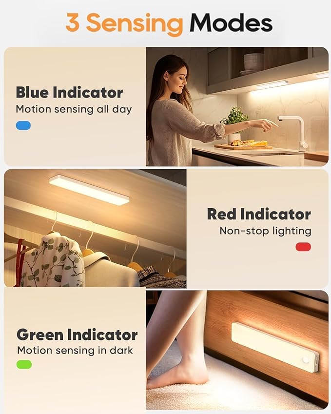 13inch Under Cabinet Lighting, Motion Sensor Light Indoor, Rechargeable Closet Lights Battery Operated, Wireless Dimmable LED Cabinet Lights, Under Counter Lights for Kitchen Warm Color-2 Pack