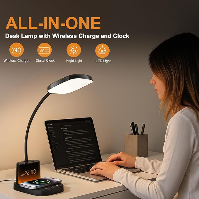 Desk Lamp, Bedside Table Lamps with Wireless Charger and Clock, 30Mins Auto-Off Night Light Lamp, 3 Color Modes Dimmable Touch 800LM CRI 95, LED Desk Lamps for Home Office, Adapter Included
