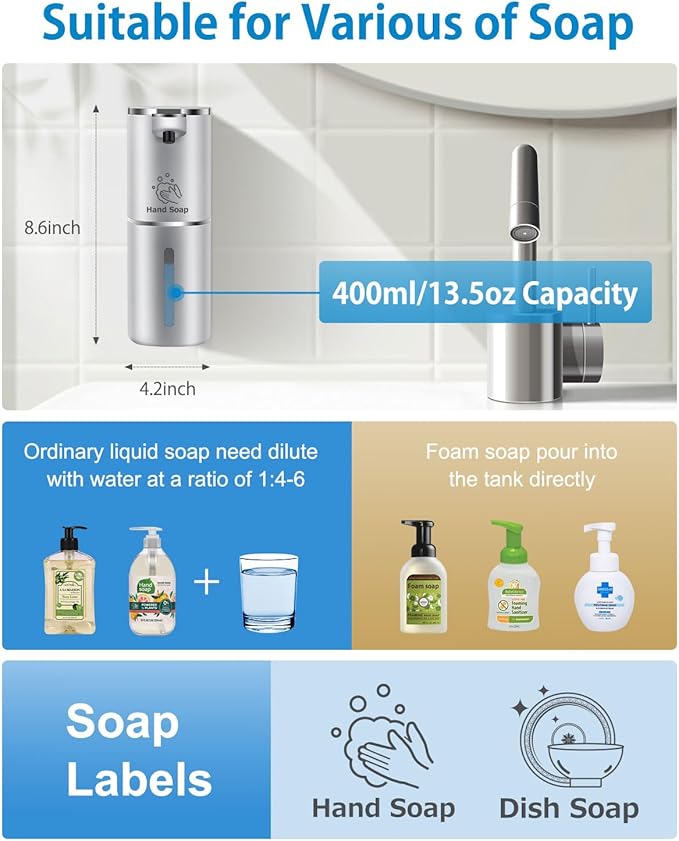 Automatic Foaming Soap Dispenser Touchless, Digital Display 9-Level Adjustable Smart Hand & Dish Soap Dispenser, USB Rechargeable, 13.5oz/400mL Wall Mounted for Bathroom Kitchen, Hotel, Restaurant
