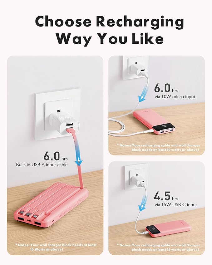 charmast Portable Charger with Reinforced Built-in 4 Cables,10000mAh Power Bank Travel Essentials 6 Outputs 3 Inputs 3A Fast Charging Compatible with iPhone iPad Samsung Google Pixel LG Moto