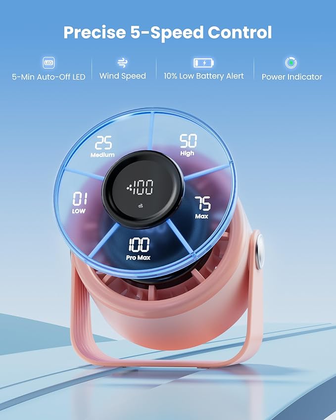 Gaiatop Small Desk Fan Rechargeable, Quiet Personal Table Fan, Touch Control Display, 360° Tilt, 5-Speed Strong Wind, 4000mAh Battery, Small Fans for Bedroom Dorm Office, Gifts for Women Girls, Pink