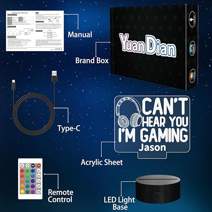 YuanDian Personalised Gamer Gifts, Can't Hear You I'm Gaming Night Light, Headset Graphic Video Games Funny 3D Illusion Lamp 16 Colors Changing Touch & Remote Control for Men Teenagers and Kids