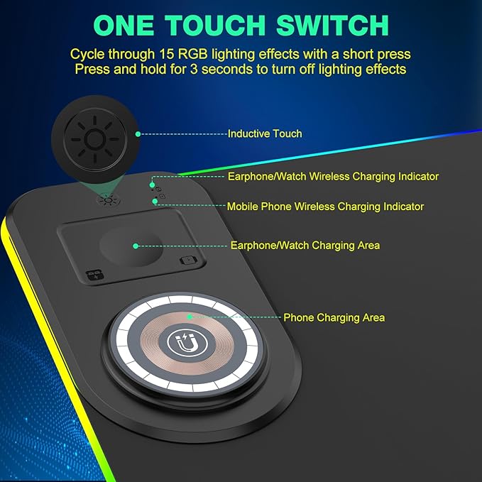 RGB Gaming Mouse Pad Wireless Charging Desk Mat with Foldable Phone Stand, Large LED Gaming Mat 800x350x4mm, 15 Light Modes, Waterproof, Keyboard Pad for PC Computer, Includes 20W PD Power Adapter