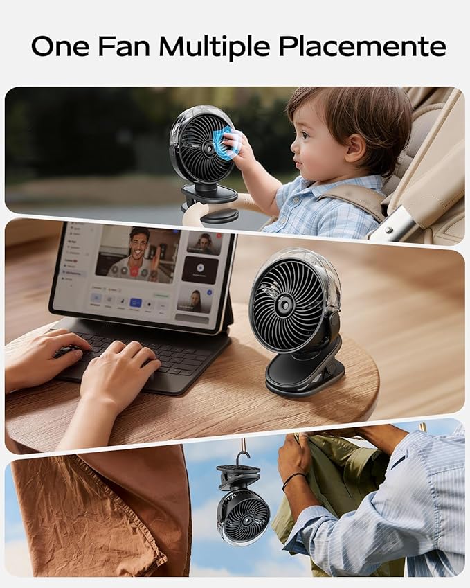 SWEETFULL Portable Misting Clip On Fan, USB-C Rechargeable Mini Personal Cooling Fan with 4 Speeds, 360° Rotatable, Quiet Cooling for Outdoor, Camping, Golf Cart, Travel, Stroller & Desk (Black)
