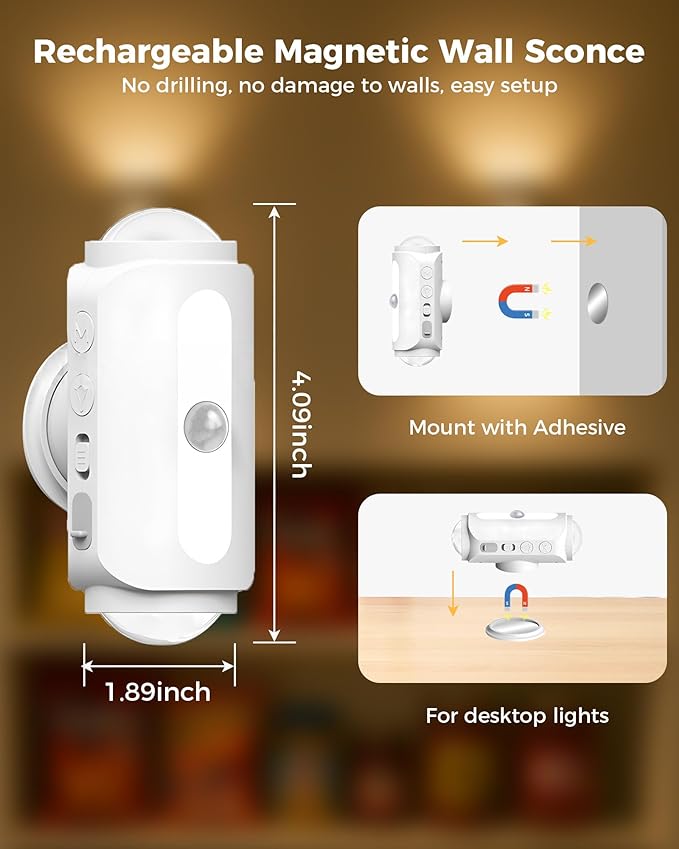 Motion Sensor Wall Light, Rechargeable Wireless Sconce Set of 2, Wireless No Hardwire 3CCT Wall Lamps, Magnetic Battery Operated Indoor Lighting for Hallway, Stairs, Bedroom, Bathroom, Closet Decor